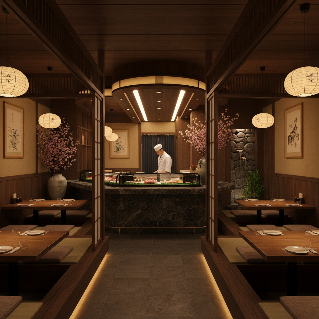 Elegant Japanese restaurant interior with warm, inviting ambiance