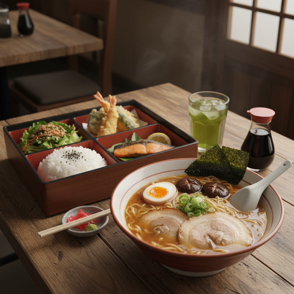 Japanese noodle soup and balanced bento box