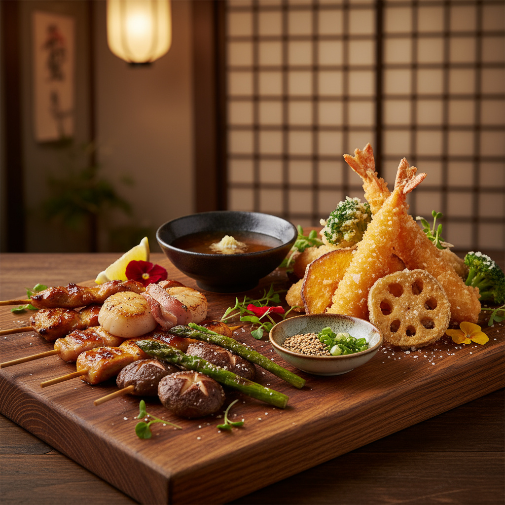 Robatayaki skewers and crispy tempura