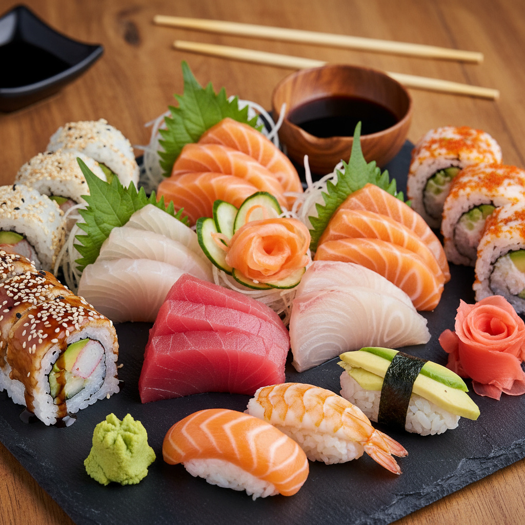 Artfully prepared sushi and sashimi platter